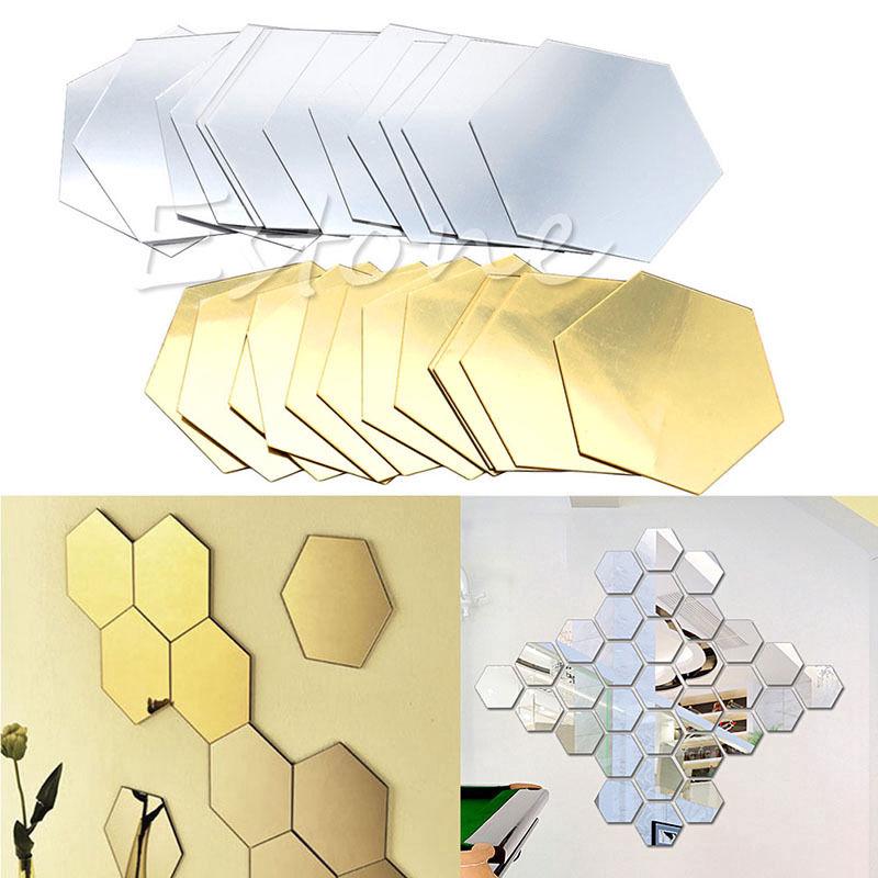 กระจกเงา 3D Hexagon Vinyl Removable สติ๊กเกอร์ติดผนังรูปลอกศิลปะการตกแต่งบ้าน DIY