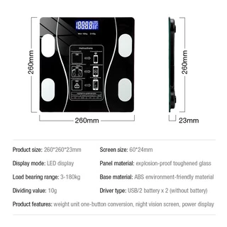 เครื่องชั่งน้ำหนักดิจิตอล อัจฉริยะ หน้าจอLCD 180 กก วัดไขมัน Bluetooth ตาชั่งดิจิดอล สามารถชาร์จโดย USB
