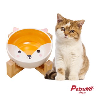 [Petsuka] ชามอาหารสัตว์เลี้ยงลายการ์ตูน Petsuka รูปสุนัขจิ้งจอก สีส้ม พร้อมฐานรอง