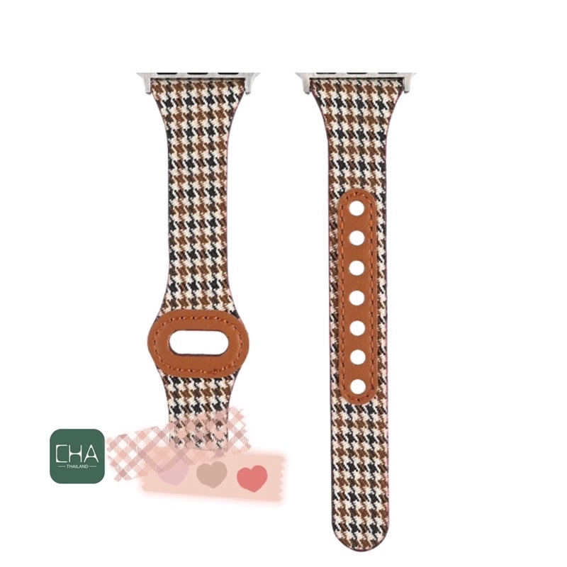 สายหนัง+ผ้า สาย smart watch10/9/8/7/6/5/4/3/2/1/Se ขนาด 38/40/41/42/44/45/46/49mm ลายBB ขอบเล็ก สายสําหรับแอปเปิ้ลวอช