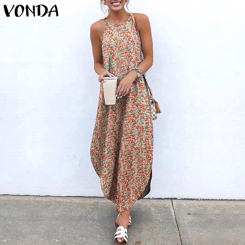 Vonda ชุดเดรสยาว แขนกุด พิมพ์ลายดอกไม้ ชายไม่เท่ากัน ลําลอง สําหรับผู้หญิง เหมาะกับฤดูร้อน