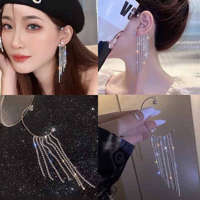 สไตล์ใหม่ ระดับไฮเอนด์ ผู้หญิง สไตล์ยาว เต็มรูปแบบ เพชร พู่ ไม่เจาะหู ผู้หญิง คลาสสิก สไตล์เท่ การออกแบบเฉพาะ ตะขอเกี่ยวหู