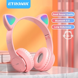 ETRONIK P47M หูฟังมาใหม่ ไฟLed เป็นหูแมวบลูทู ธ 5.0 แบบครอบหู มีไมค์ในตัว หูฟังแมวสนับสนุน Tf การ์ด ชุดหูฟังแบบพับได้