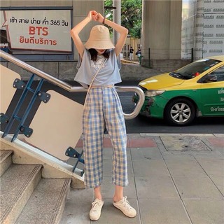 พร้อมส่งค่าา🌈กางเกงลายสก้อต สไตล์เกาหลี เอวสม็อก