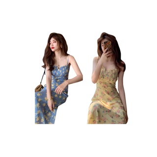 เดรสสายเดี่ยว ตีเกล็ดช่วงอก ผ้าชีฟองลายดอก 4สี เหลือง ฟ้า ขาว ดำ สายปรับได้ มีซับใน ซิปด้านหลัง