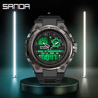 Sanda Official นาฬิกาผู้ชาย แฟชั่น สปอร์ต กันน้ำ นาฬิกาปลุก LED มัลติฟังก์