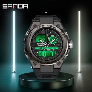 Sanda Official นาฬิกาผู้ชายกีฬานาฬิกากันน้ำแฟชั่นหรูหรา LED กลางแจ้งอะนาล็อกทหารมัลติฟังก์ชั่