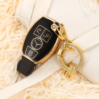 เคสกุญแจรถยนต์ BENZ ซิลิโคน TPU  ปุ่มใส สีดำ พร้อมสายคล้องห่วงเพ็ชร