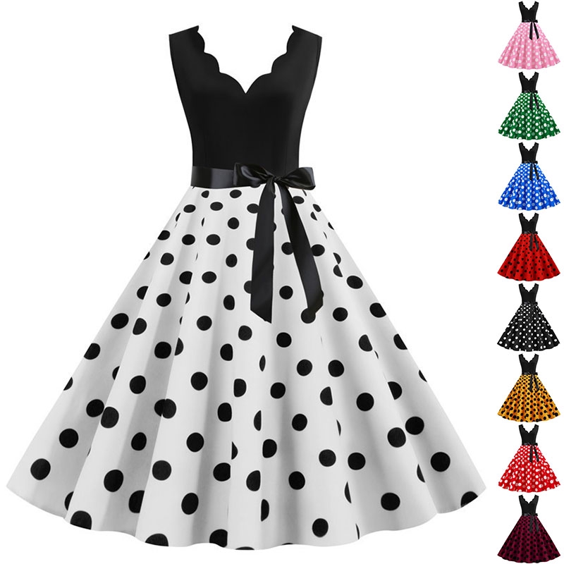 ผู้หญิง Polka Dot พิมพ์ Vintage ฤดูร้อน Patchwork Party Midi Dress แขนกุด V คอ
