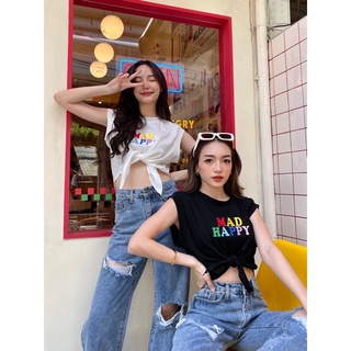 MAD HAPPY Crop top เสื้อครอปแขนกุดผูกเอว สไตล์เกาหลีแบบแบ้ว ๆ ลายปักเรนโบว์