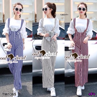 TwinsShopVip💗พร้อมส่ง TW1365 set 2ชิ้น เอี๊ยมริ้ว+เสื้อแขนระบาย