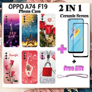 2 IN 1 เคสโทรศัพท์ OPPO A74 F19 พร้อมกระจกนิรภัยกันรอยหน้าจอเซรามิค ฟิล์มโค้ง โรแมนติก