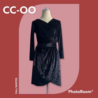 เดรส กำมะหยี่ CC-OO แบรนด์ CC DOUBLE O  size XS คนไทย S,M ใส่ได้ ปรับสายรัดเอว แบบผูก พร้อมส่ง