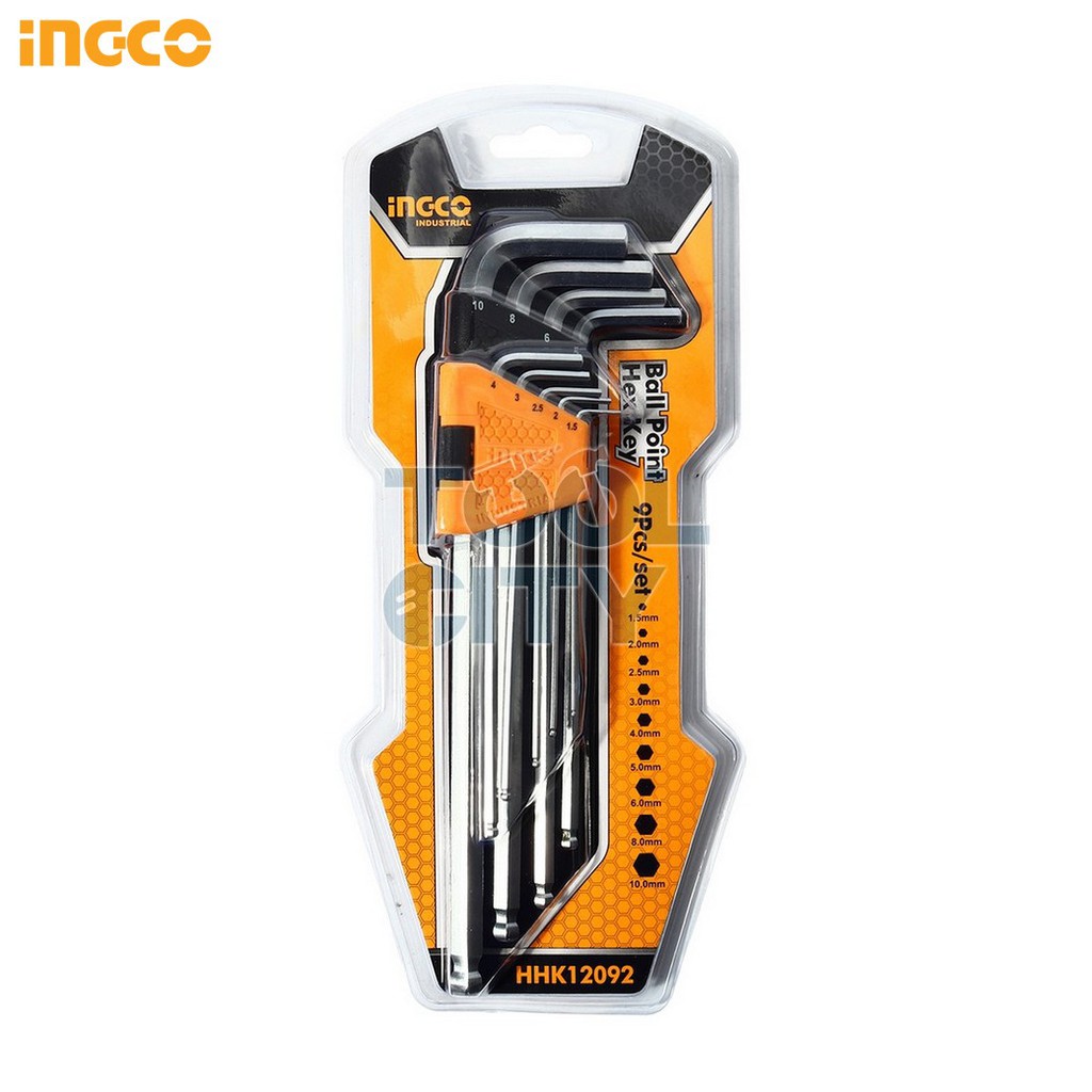 INGCO ชุดประแจแอลหกเหลี่ยม หัวบอล 9 ชิ้น ยาวพิเศษ รุ่น HHK12092 ขนาด 1.5-10 มิลลิเมตร ผลิตจากวัสดุ CR-V