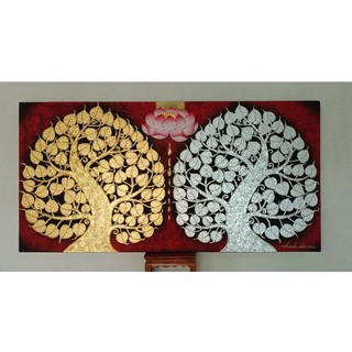 ภาพวาดต้นศรีมหาโพธิ์ทอง ต้นศรีมหาโพธิ์เงินพื้นสีแดงเข้มขนาด60×120cm