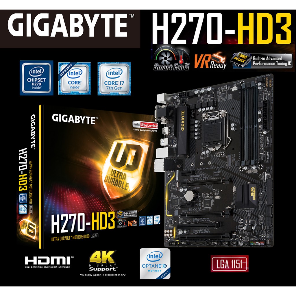 Mainboard INTEL GIGABYTE H270 HD3 (Socket 1151) มือสอง พร้อมส่ง แพ็คดีมาก!!! [[[แถมถ่านไบออส]]]