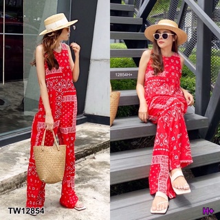 TW12854  จั๊มสูทแขนกุด ขายาว ซิปหลัง ทรงนี้ใส่ง่าย มีกระเป๋าทั้งสองข้าง เนื้อผ้า 100D พิม์ลายโบฮีเมียน