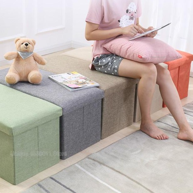 เก้าอี้สตูล 50*30*30cm ผ้าฝ้ายผสมผ้าลินิน ใช้นั่ง พับเก็บและ ใช้เก็บของได้