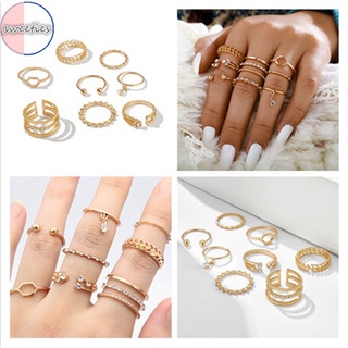 【sweet】16 pcs/set woman fashion retro Vintage boho Gemstone hollow open adjustable joint ring set