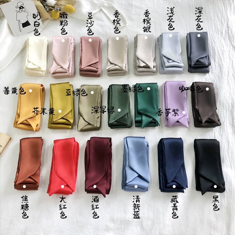 ผู้หญิงแคบยาวผ้าพันคอ 200x5 ซม. สีทึบชีฟอนผ้าไหมยางแดงผูกถุงดำริบบิ้นคาดศีรษะโช้ค