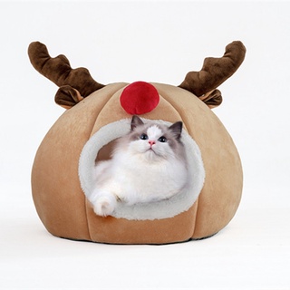 Ready stock Christmas คริสต์มาส ที่นอนแมว เปลแมว บ้านแมว Autumn and winter warm cross-border pet supplies three-dimensional sponge cat nest creative pet bed tent Christmas reindeer Kennel