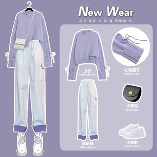 (พรีออเดอร์) เซตเสื้อไหมพรมแขนริบบิ้น + กางเกงขายาว
