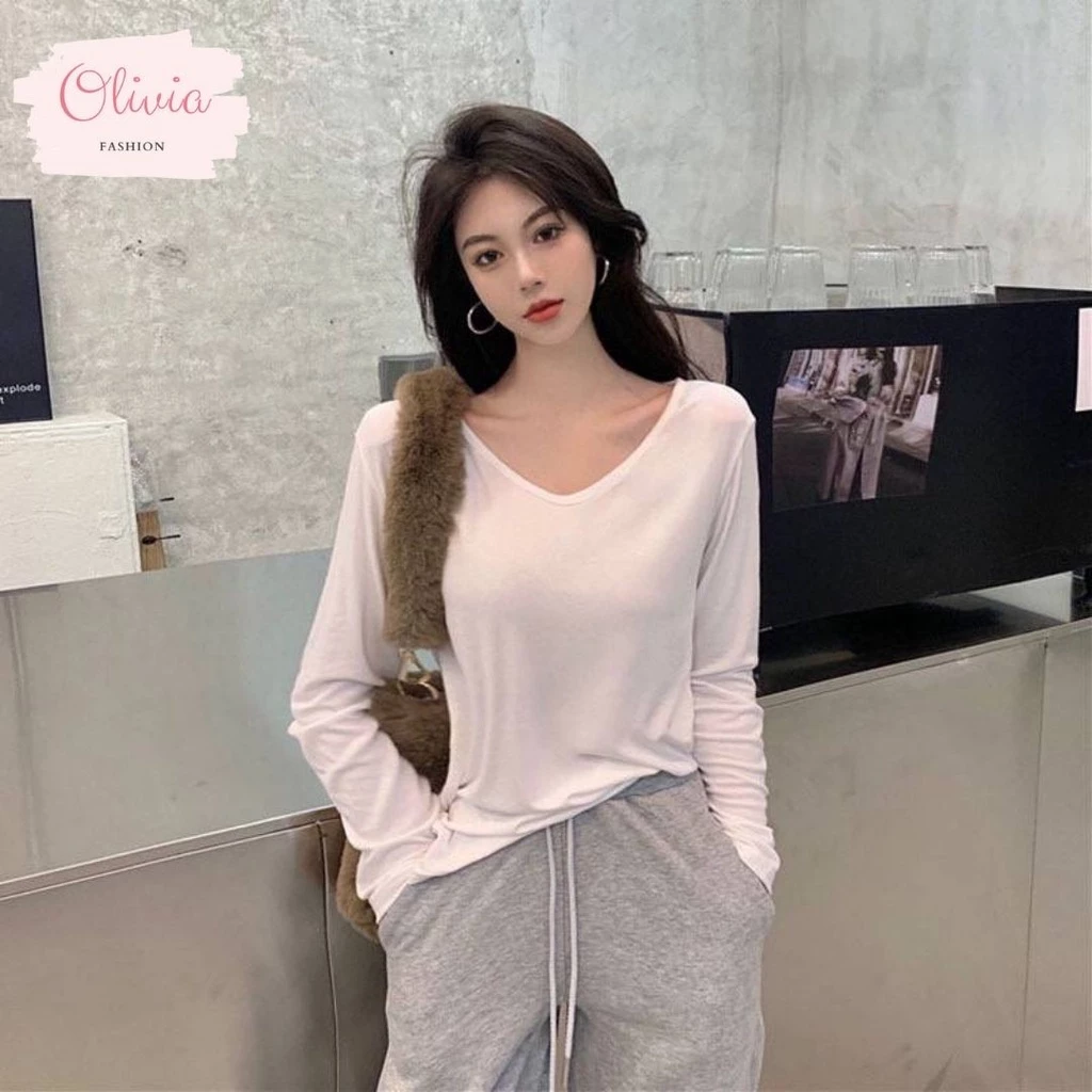 🍓Olivia🍓 เสื้อแขนยาวคอวี ผ้ายืด นิ่ม ใส่สบาย #666