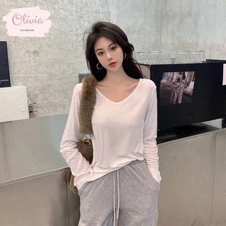 🍓Olivia🍓 เสื้อแขนยาวคอวี ผ้ายืด นิ่ม ใส่สบาย #666