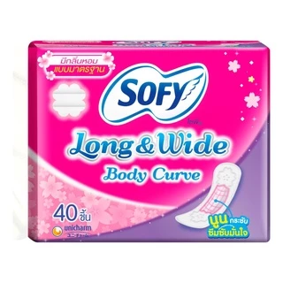 Sofy โซฟี แผ่นอนามัย ลอง แอนด์ ไวด์ บอดี้ เคิร์ฟ แบบมาตรฐาน มีกลิ่นหอม 40ชิ้น กว้าง 6.50 cm. ยาว 15.50 cm.