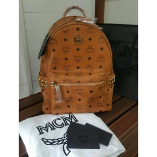 New!.MCM Small Backpack สายหนัง บุหนัง สีน้ำตาล