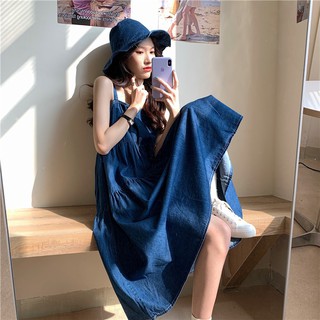 พร้อมส่ง 🌧 denim sling dress C1258 เดรสยาวยีนส์ เดรสยาวสายเดี่ยวพร้อมหมวกฟรี!