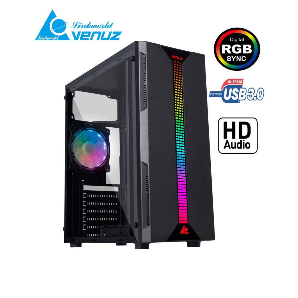 VENUZ ATX Computer Case VC1919A VC1620 with RGB LED Lighting &amp; Rainbow RGB Fan – Black I2-30
