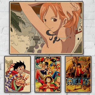 มาใหม่ โปสเตอร์กระดาษคราฟท์ พิมพ์ลายแอนิเมชั่น One Piece สไตล์ญี่ปุ่น เรโทร สําหรับตกแต่งผนังบ้าน ห้อง