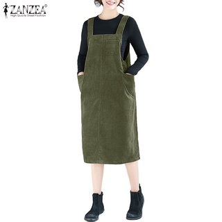 ZANZEA Women Casual Solid Color Strapless Side Pockets Corduroy Dress