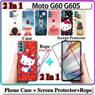 2 IN 1 เคส Motorola Moto G60 G60S พร้อมกระจกนิรภัยกันรอยหน้าจอ เซรามิค ทรงโค้ง สําหรับเด็กผู้หญิง และคิตตี้