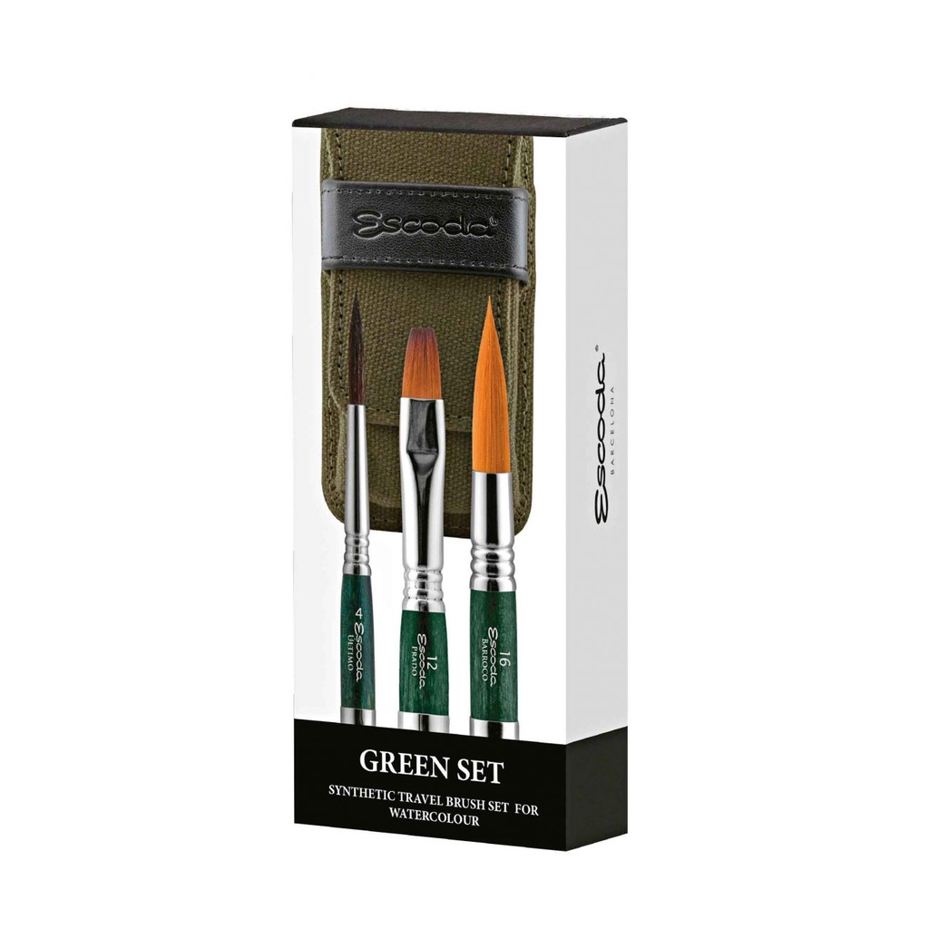 Escoda Synthetic Travel Brush Green Set(E212730000) l เซ็ตพิเศษ พู่กันพกพาขนสังเคราะห์ด้ามสีเขียว พร้อมเคส แบรนด์ Escoda
