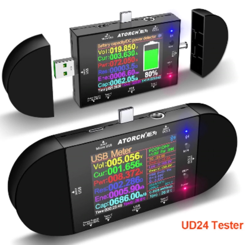 เครื่องวัดไฟ จอภาพสีคมชัด ขนาด 2.4 นิ้ว พร้อมส่ง ATORCH UD24 DC5.5 USB tester PD Trigger Type-C 2.4"