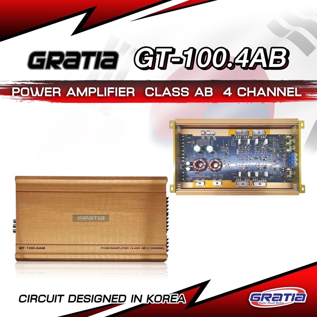 เพาเวอร์แอมป์ งานแบรนด์ GRATIA Class AB 4CH รุ่น GT-100.4AB ขับเสียงกลาง 6.5 นิ้ว/8ดอกได้สบาย