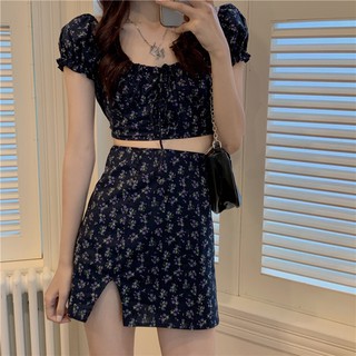 Flower Dress Set Short Sleeve Skirt 2 set กระโปรงลายดอกไม้ ชุดเช็ต 2ชิ้น ลายดอกไม้ เนื้อผ้านุ่มใส่สบาย