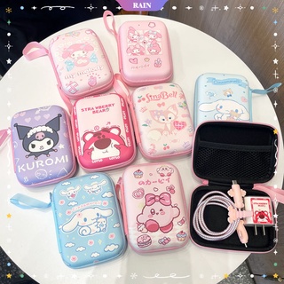 กระเป๋าหนัง PU ทรงสี่เหลี่ยม แต่งซิป ลายการ์ตูนอนิเมะ Cinnamoroll Kuromi Melody สําหรับใส่จัดเก็บหูฟัง สายชาร์จ [RAIN]