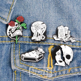 🇹🇭 พร้อมส่ง : ☠️ เข็มกลัดเซ็ทโครงกระดูกและป้ายหลุมศพ | Skull And Grave Enamel Brooch Pin Set.