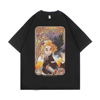 แขนสั้นcrew neckเสื้อยืด ขนาดใหญ่ พิมพ์ลาย Psycho Crucify Kyojuro Rengoku | สีดํา | เสื้อเชิ้ต ลาย Demon Slayer | เสื้อย