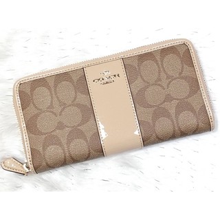 &lt;ของแท้&gt; COACH f54630 ACCORDION ZIP WALLET IN SIGNATURE COATED CANVAS WITH LEATHER STRIPE IMITATION GOLD/KHAKI