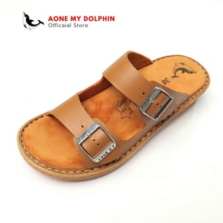 [ลิขสิทธิ์แท้] Aone My Dolphin - WD39 (พื้นส้ม) รองเท้าหนังเเท้เเบบสวม2เข็มขัด