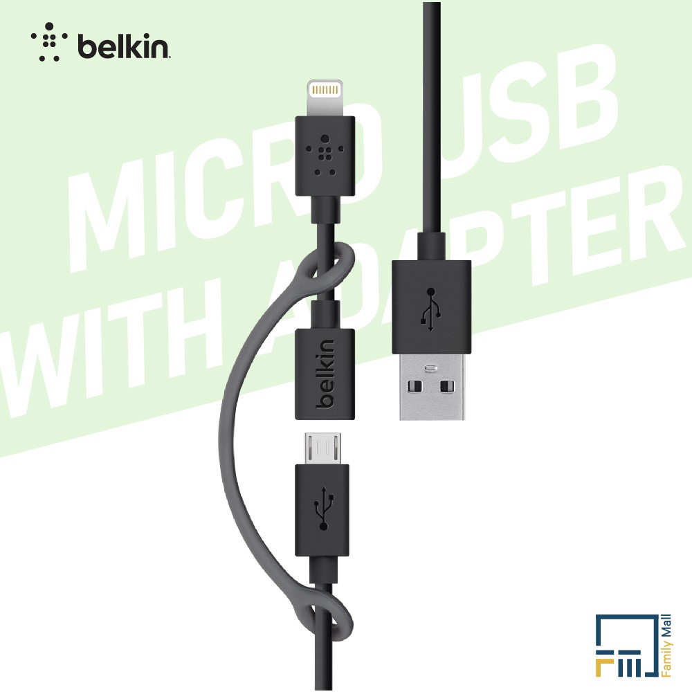 Belkin สายชาร์จ Micro USB/สายชาร์จไอโฟน รองรับ Apple, Samsung และอุปกรณ์ที่มีพอร์ตไมโครยูเอสบี (Micro-USB) (F8J080bt)