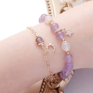 MINDO สร้อยข้อมืออเมทิสต์(Amethyst) สร้อยข้อมือหินลาเวนเดอร์ อเมทิสต์และหินอาเกตสีขาวนำโชคลาภหินธรรมชาติแท้