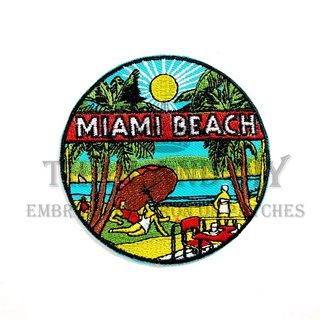 ตัวรีดติดเสื้อ ลาย หาดไมอามี่ ท่องเที่ยว ฟลอริดา Miami Beach Florida City Patch wop งานปัก DIY ตัวรีด อาร์มติดเสื้อ