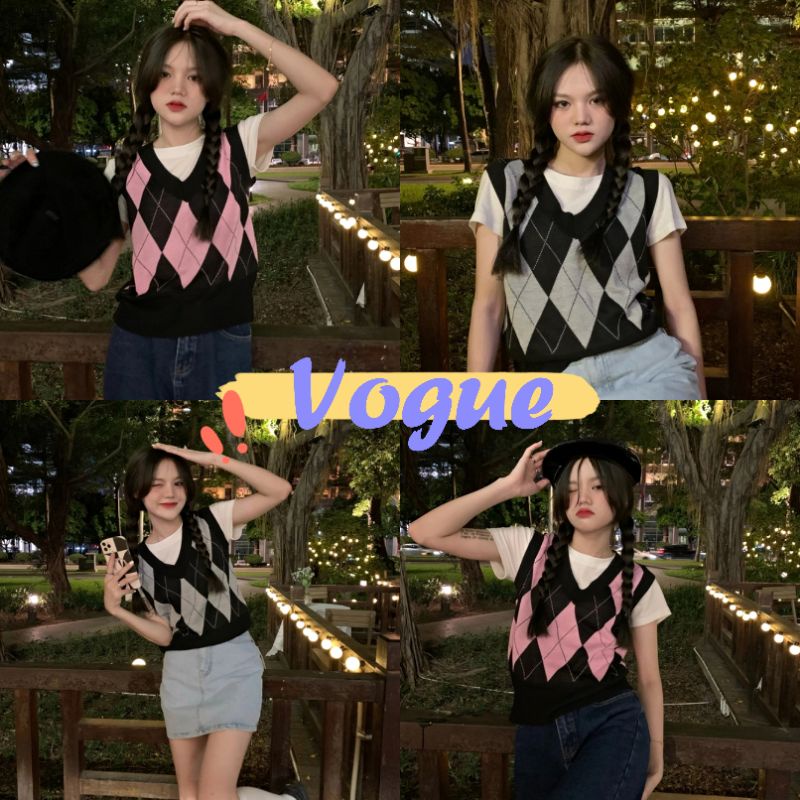 Vogue พร้อมส่ง เสื้อกั๊กไหมพรม ลายตรารางหมากรุกน่ารักมาก (23145)