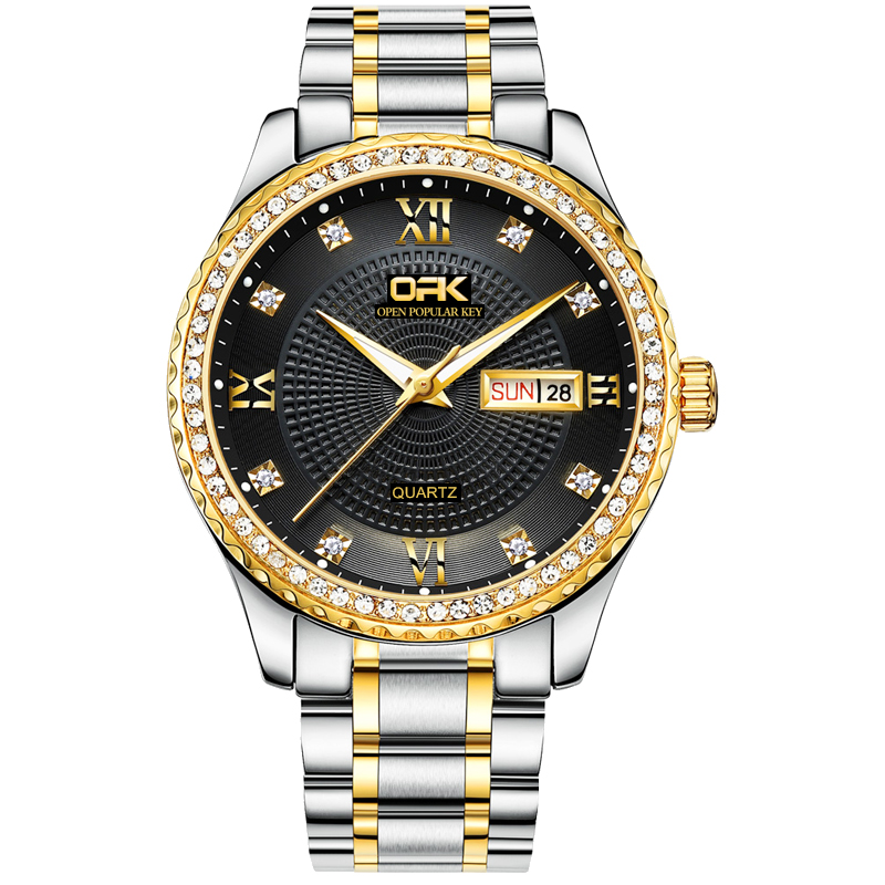 OPK นาฬิกาผู้ชายเดิมควอตซ์ธุรกิจสแตนเลสแบบคู่ปฏิทินส่องสว่างกันน้ำเลขโรมันเซอร์โ
