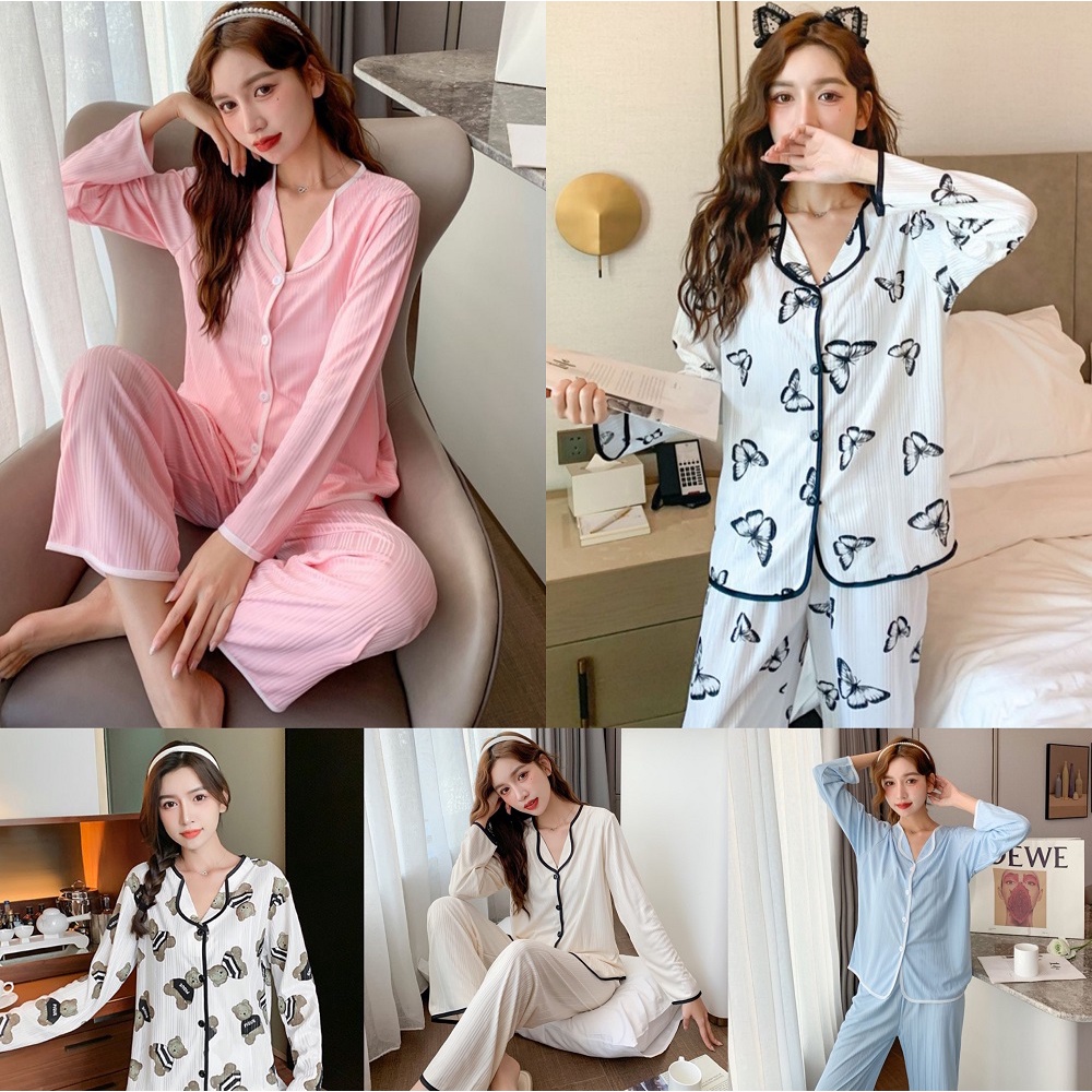 พร้อมส่ง ชุดนอน เสื้อคอปกแขนยาวกับกางเกงขายาว ลายคิตตี้